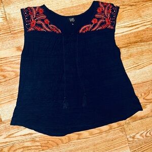 Anthropologie W5 Navy Blue Sleeveless Top W/Embroidery & Tassels Size XL